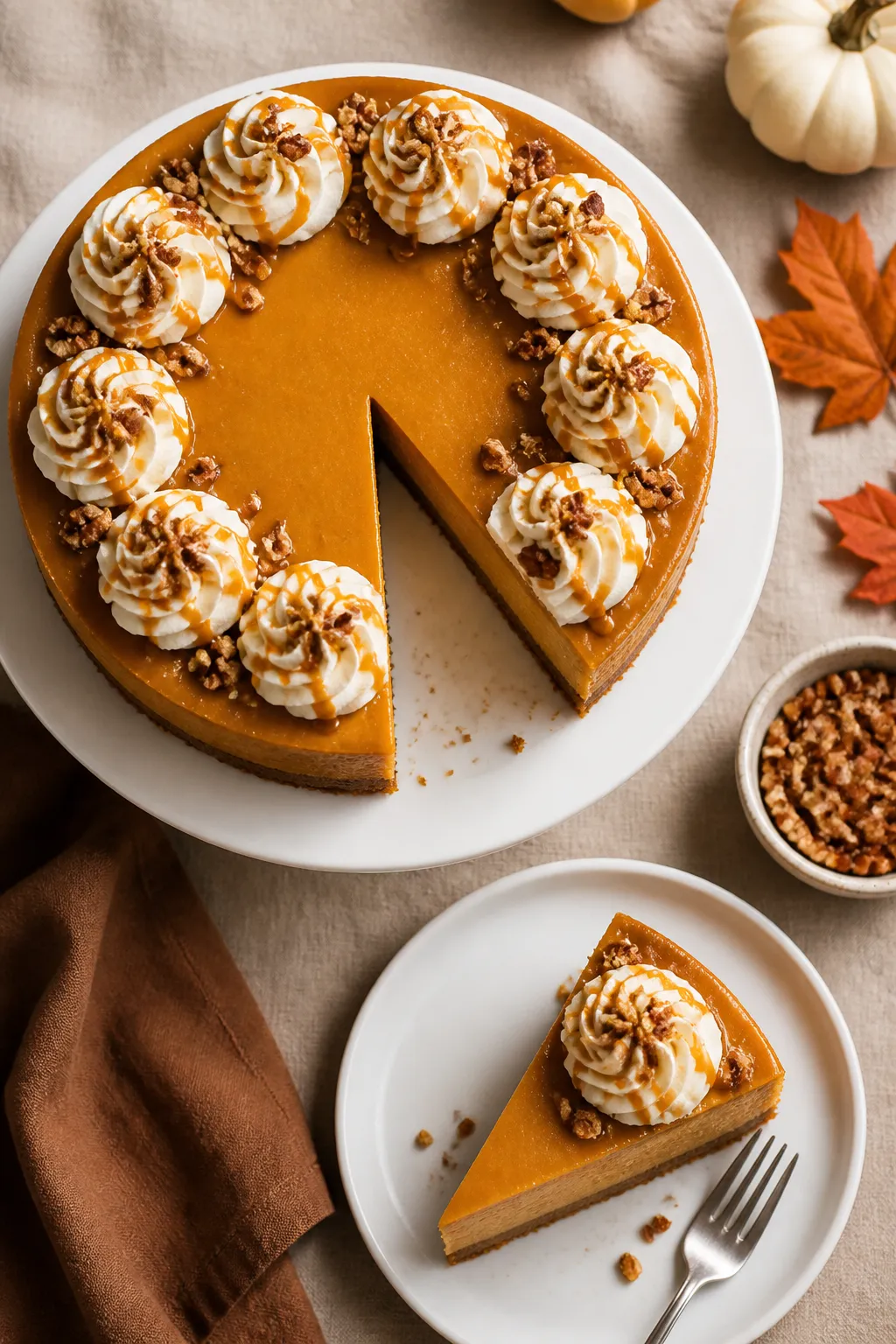Final dish, tasty top view: Overhead shot of a fully chilled pumpkin pie cheesecake with a flawless