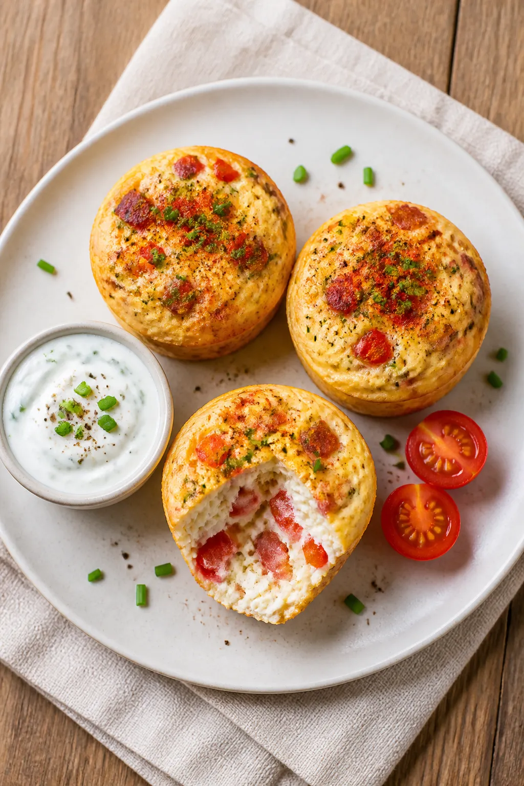 Final dish, tasty top view: Overhead shot of a plated trio of cottage cheese egg bites on a matte wh