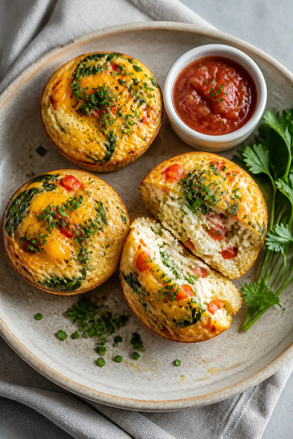 Final dish, tasty top view: Overhead shot of a rustic plate arranged with 3 warm egg cups (spinach,