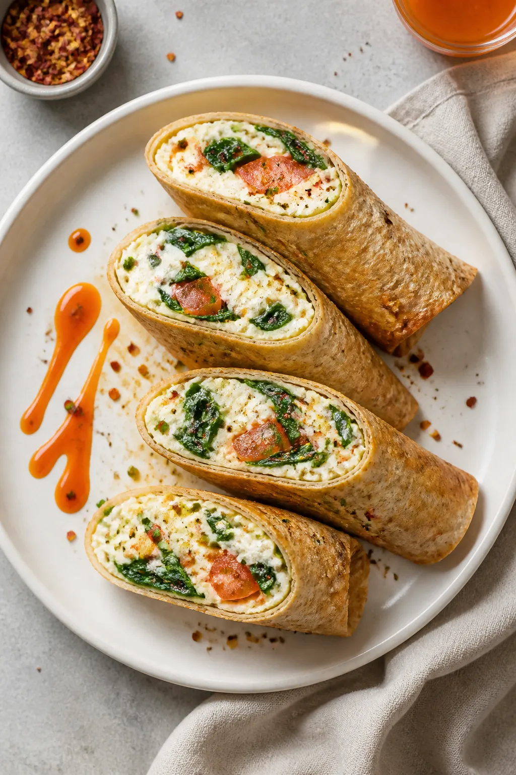 Final dish, tasty top view: Overhead shot of a sliced cottage cheese egg wrap adhered to a warm whol