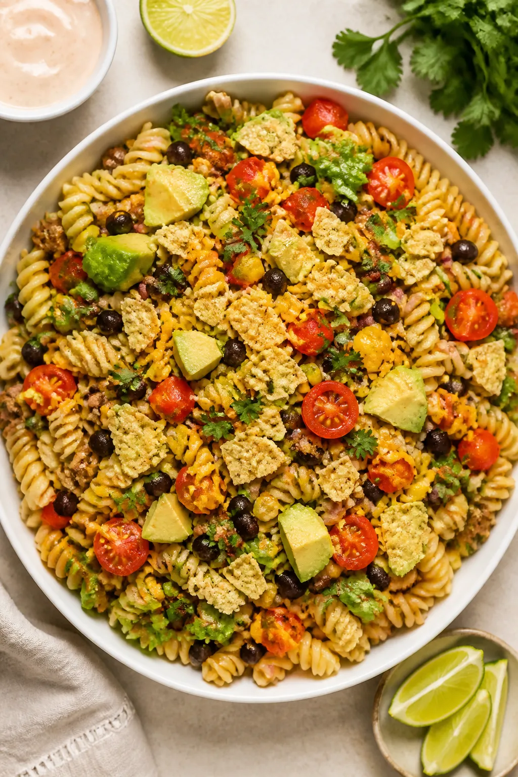 Final dish, tasty top view: Overhead shot of taco pasta salad in a wide, low white serving bowl—al
