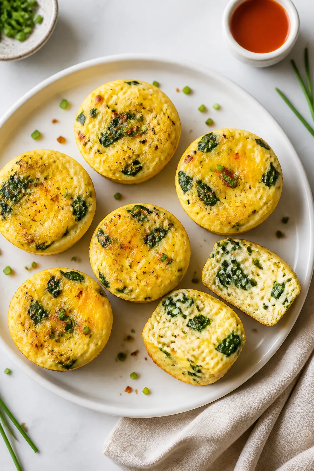 Final dish, top view: Café-style egg bites without cottage cheese arranged on a matte white plate,