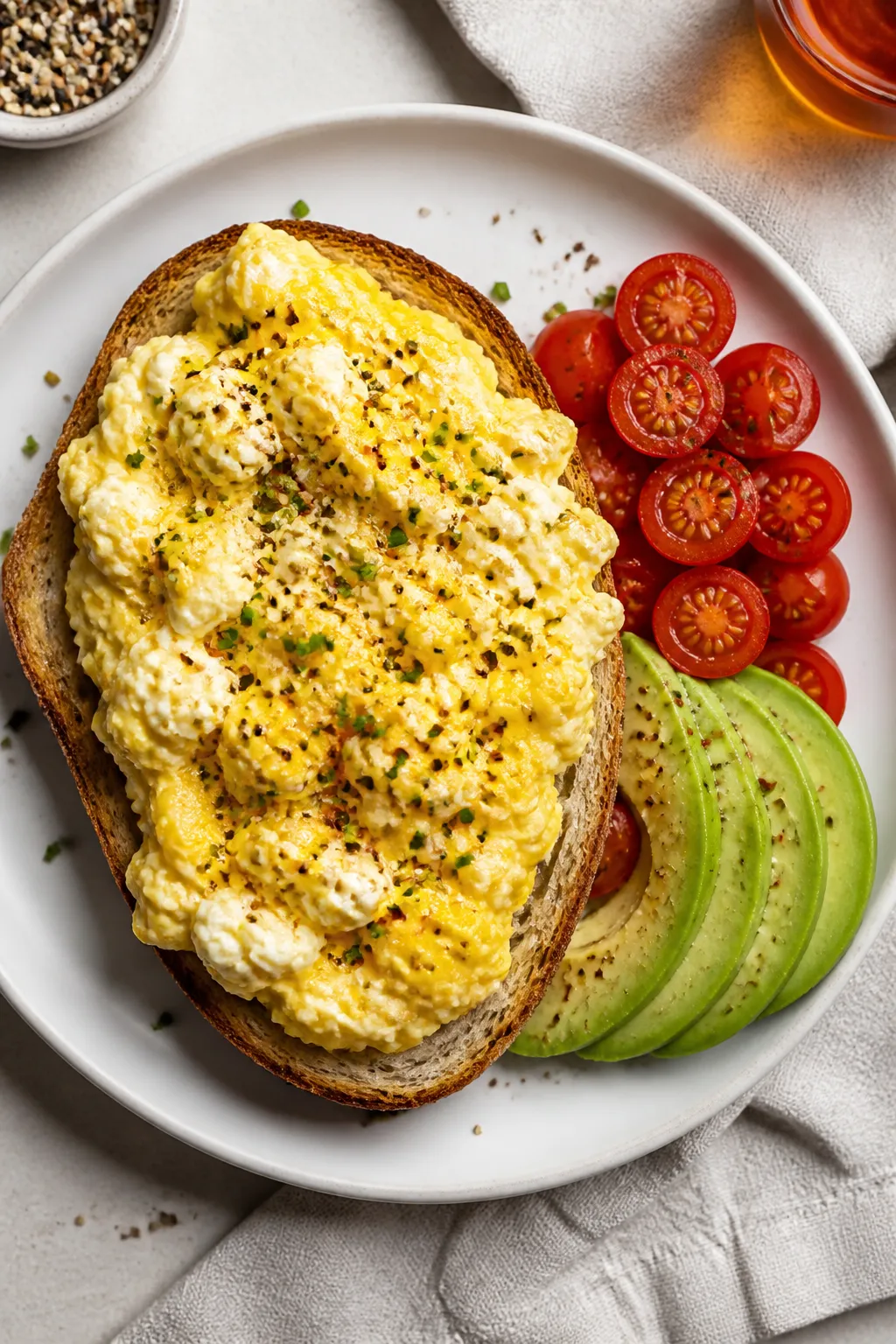 Final dish, top view: Overhead shot of creamy scrambled eggs with cottage cheese piled on toasted so
