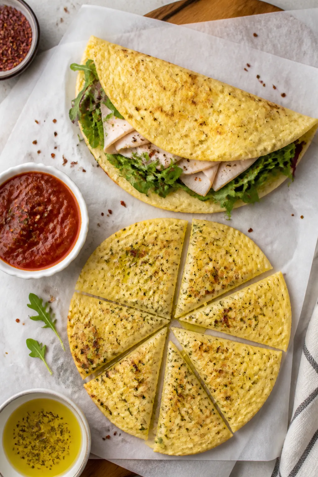 Final dish, top view: Overhead shot of two finished egg-and-cottage-cheese flatbreads—one used as