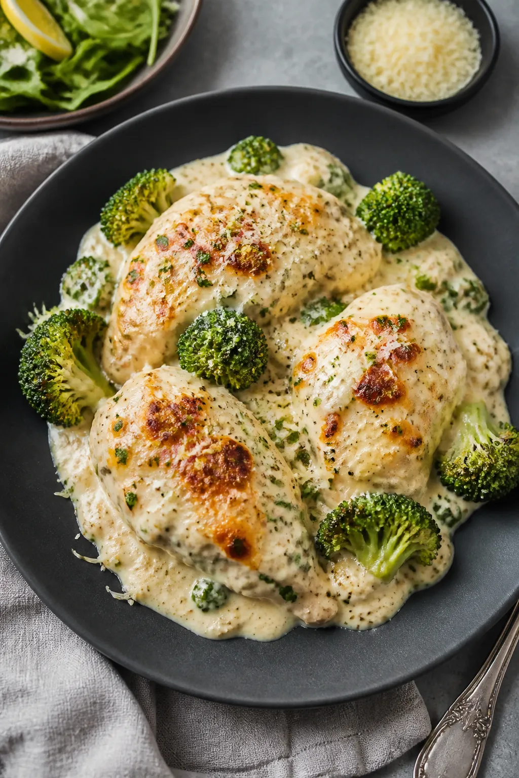 Final plated dish beauty shot: Elegant serving of keto alfredo chicken bake on a matte charcoal plat