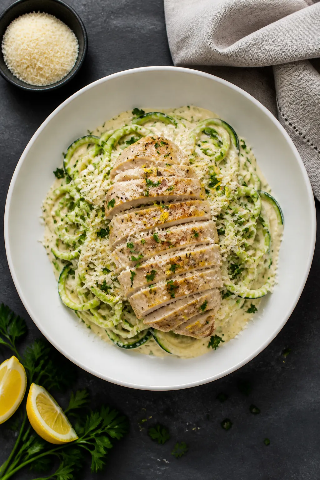 Final plated overhead: Keto Chicken Alfredo over twirled zucchini noodles, generously coated in velv