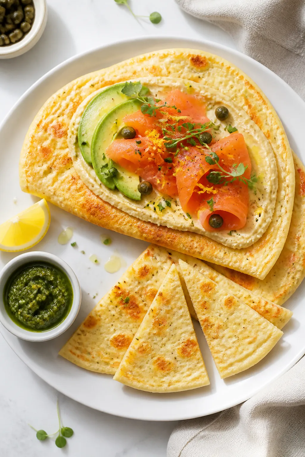 Final plated overhead shot: Stack of three golden, tender egg and cottage cheese flatbreads on a mat