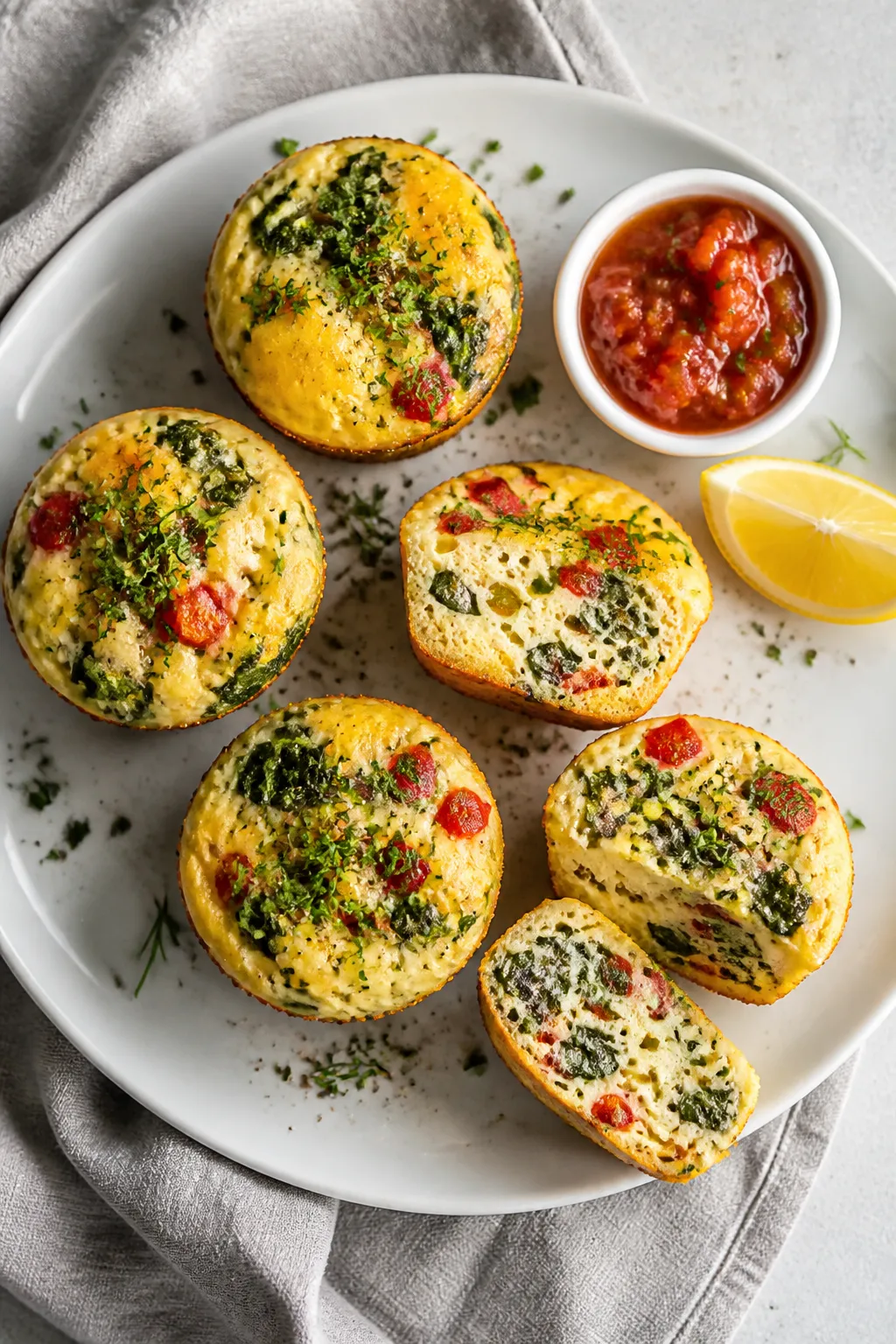Final plated overhead: Tasty top view of fluffy cottage cheese egg muffins sliced in half to reveal
