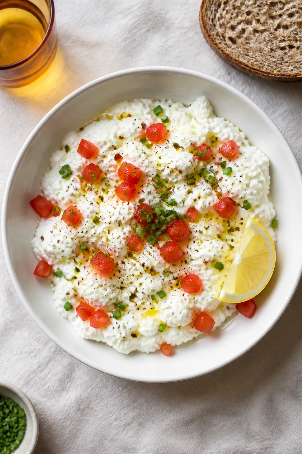 Final plated, tasty top view: Overhead shot of a warm bowl of fluffy egg whites folded with creamy c