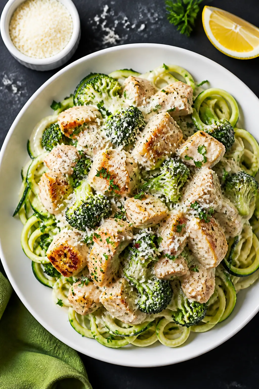 Final plated, tasty top view: Overhead shot of keto chicken broccoli Alfredo nestled over a bed of z