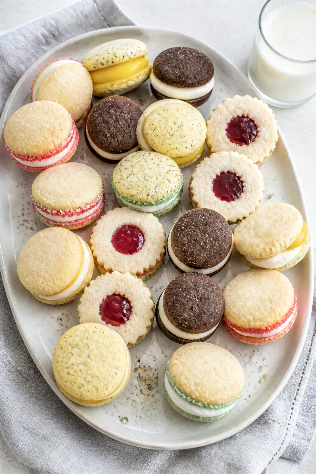 Overhead final presentation: a mixed assortment of finished sandwich cookies arranged on a matte cer