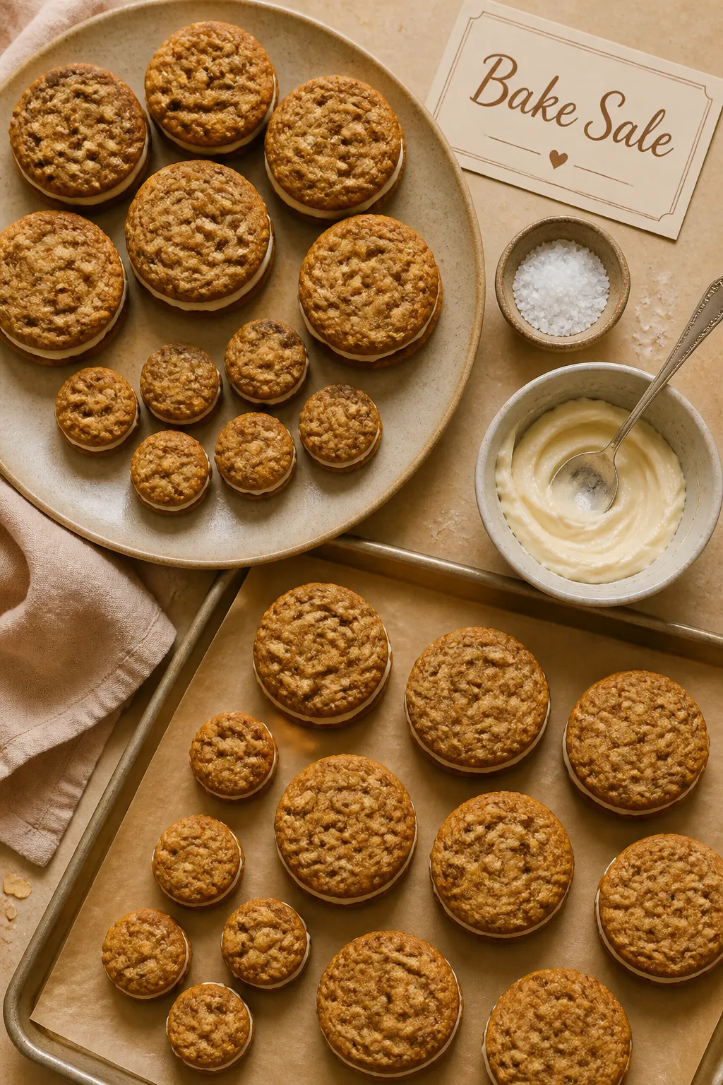 Overhead final presentation: A top-down spread of oatmeal crème pie cookies arranged on a parchment