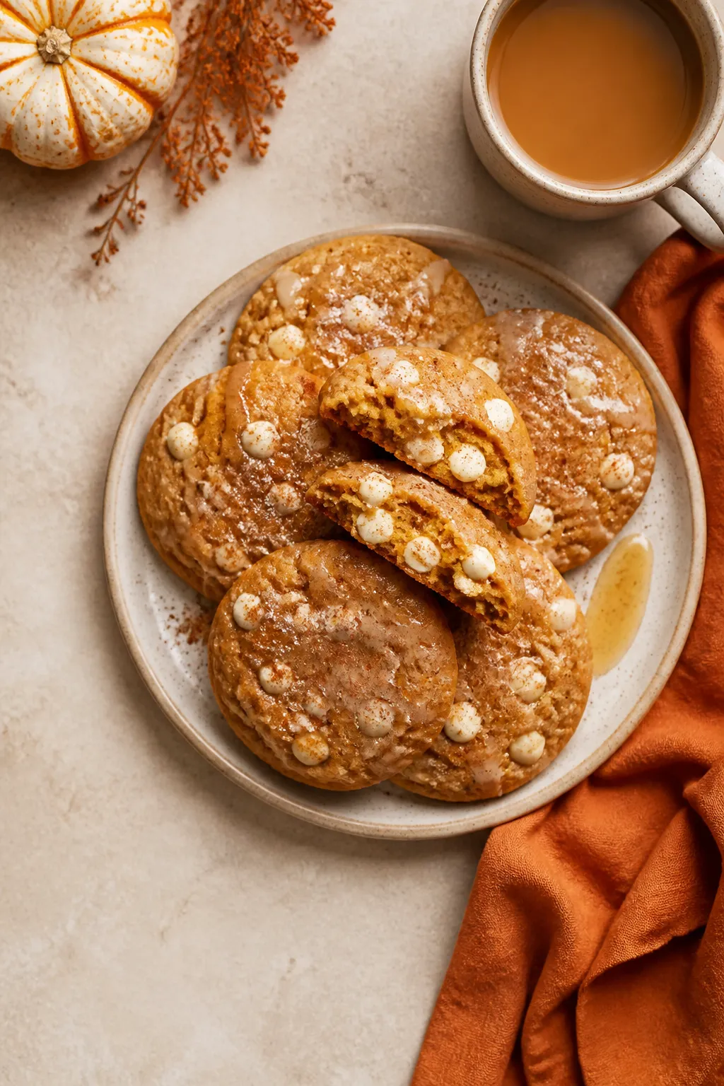 Overhead final presentation of a cozy plate of pumpkin pudding cookies stacked and slightly overlapp