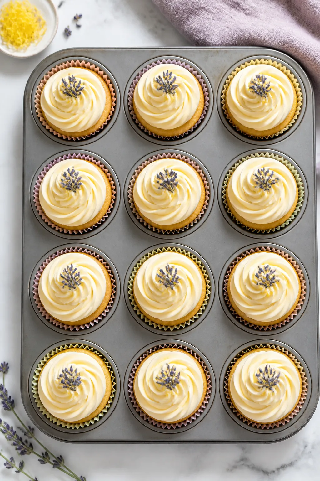Overhead final presentation: of a dozen lemon lavender cupcakes arranged in a neat grid in a lined m