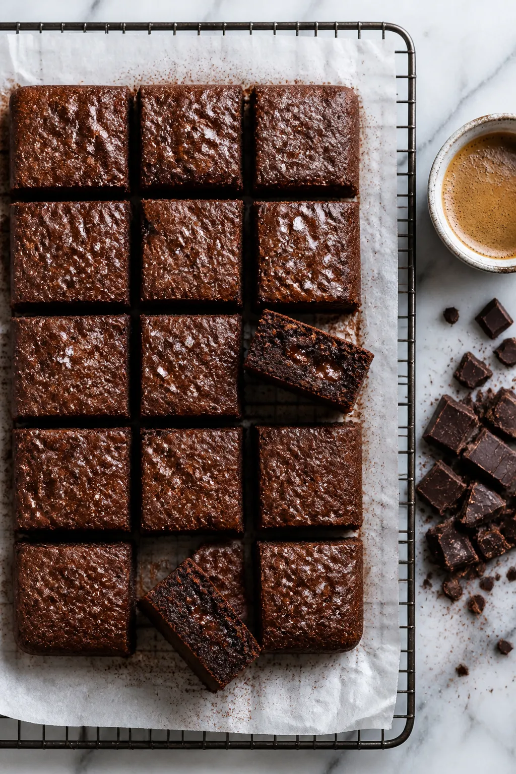 Overhead final presentation of sliced keto brownies (16 neat squares) on a parchment-lined cooling r