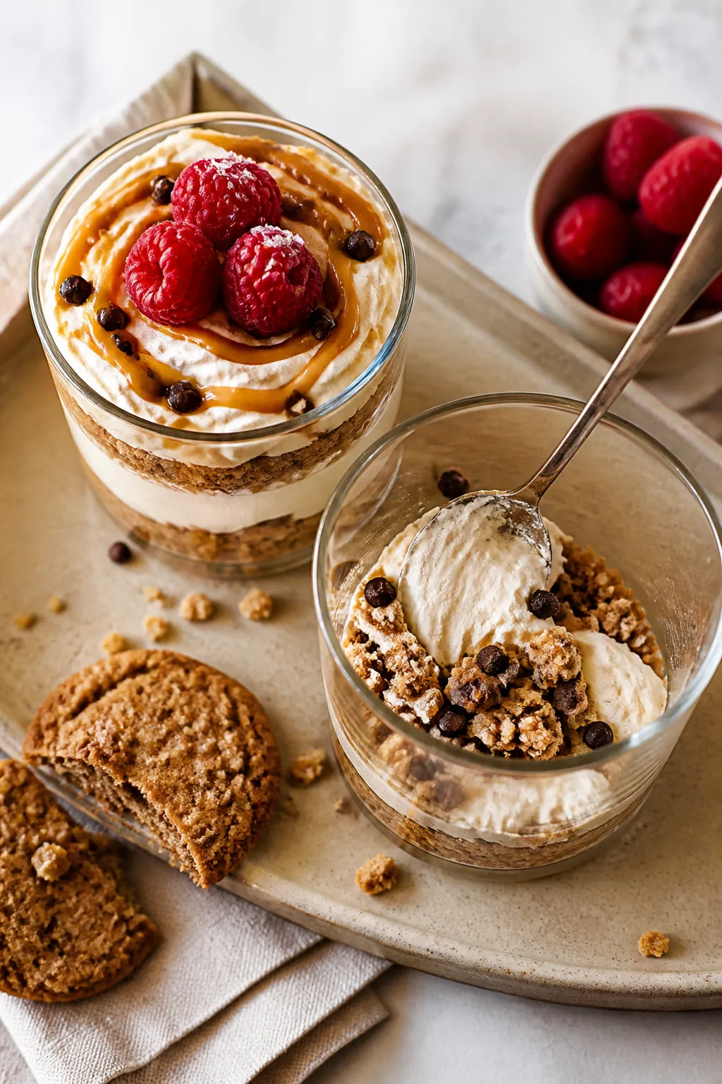 Overhead final presentation + process contrast: A of mini oatmeal cream pie parfaits layered in clea