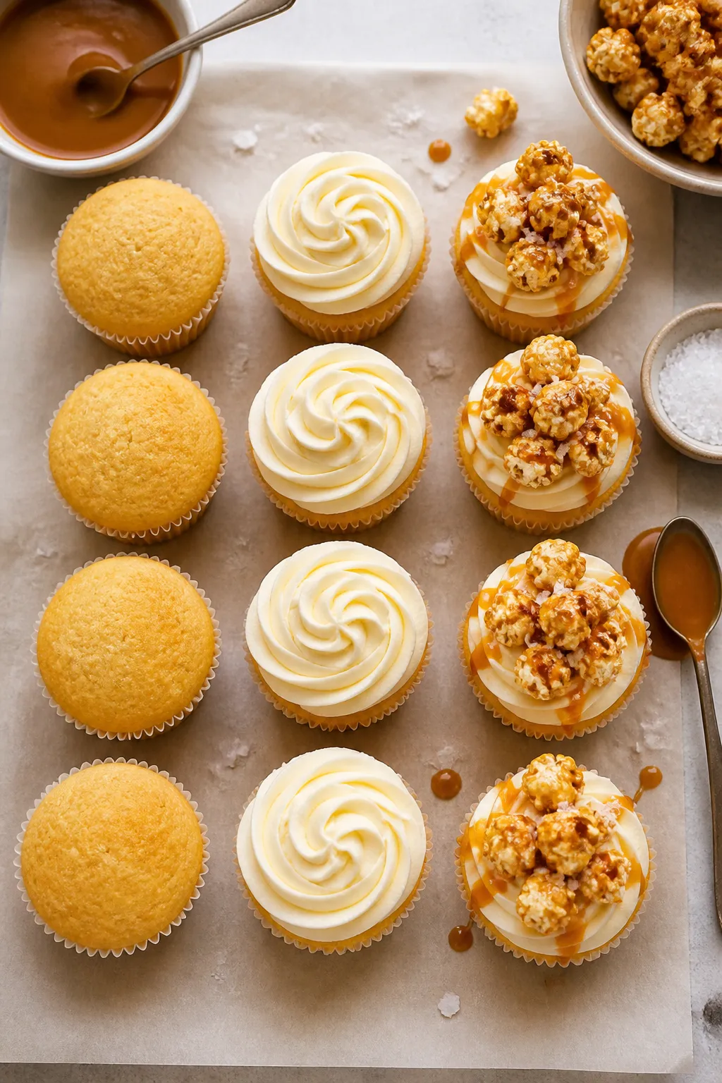 Overhead process shot: A neat assembly scene of fully baked, cooled vanilla cupcakes in paper liners