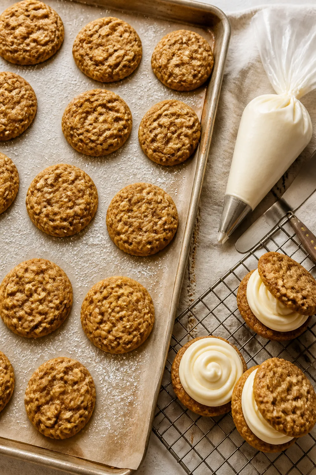 Overhead process shot: Freshly baked pumpkin oatmeal cookies cooling on a parchment-lined sheet pan,