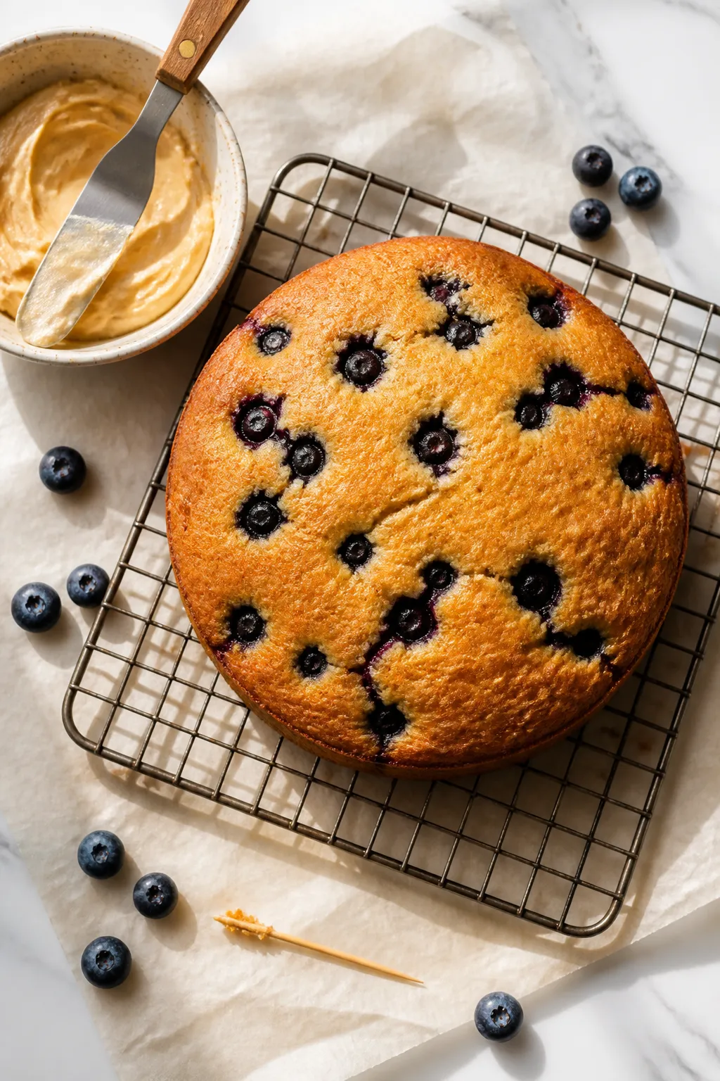Overhead shot of a 6-inch blueberry dog birthday cake just out of the oven, golden-brown top with vi