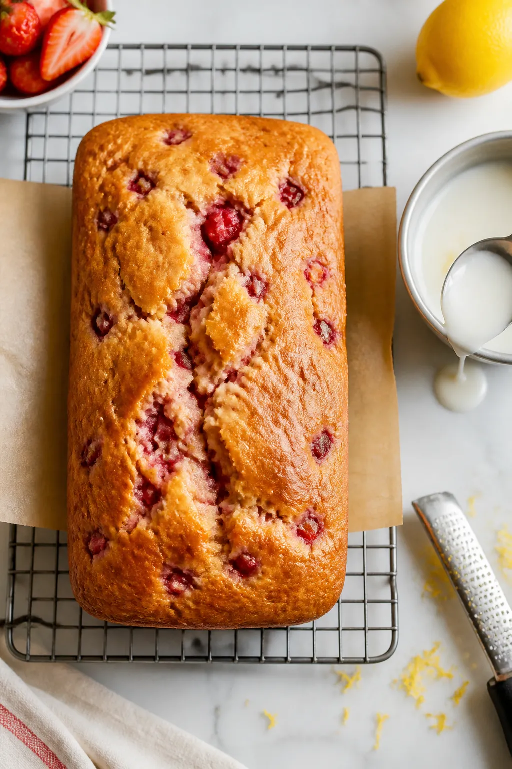 Overhead shot of a freshly baked strawberry lemonade quick bread cooling on a wire rack, parchment s