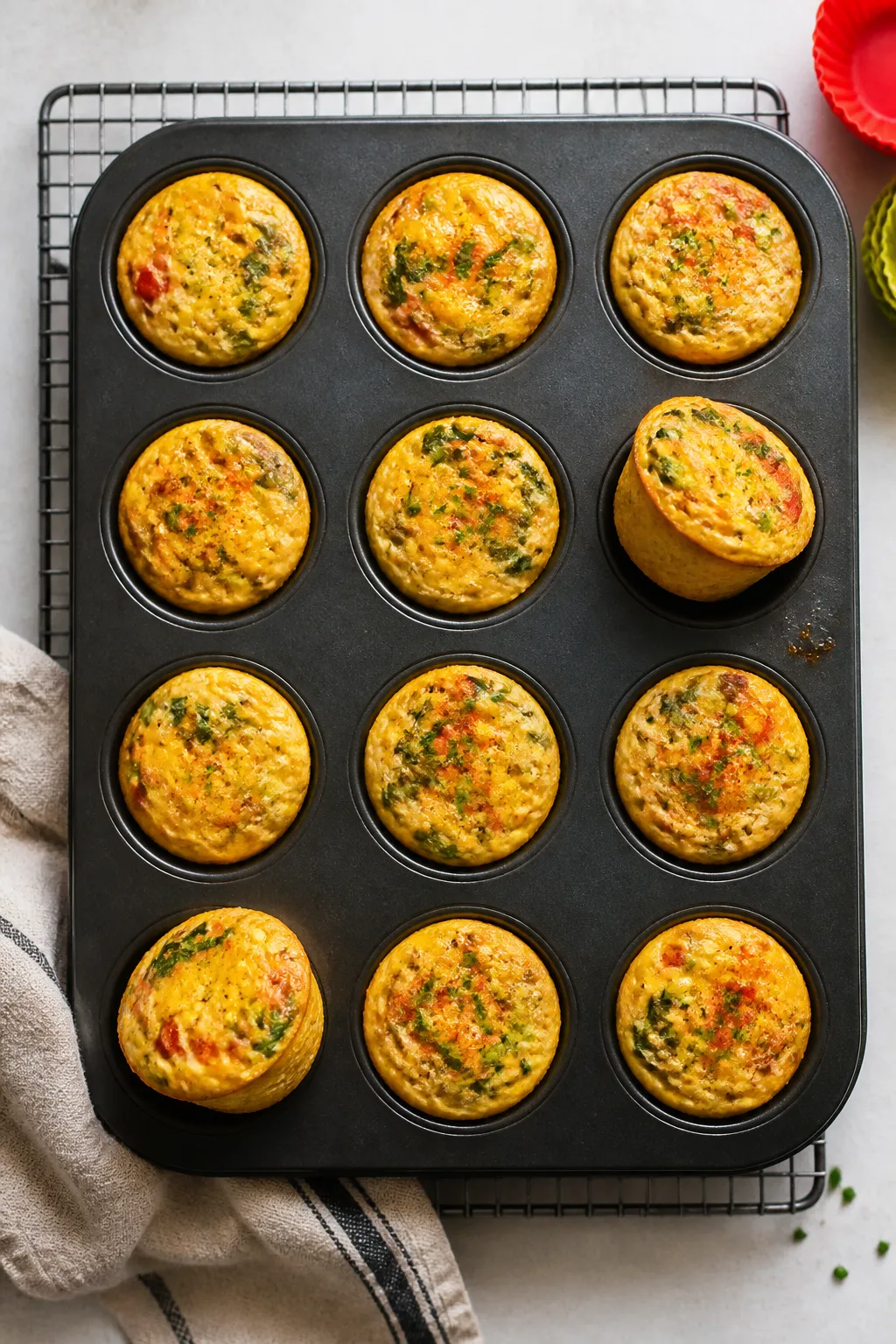 Overhead shot of freshly baked cottage cheese egg cups resting in a 12-cup muffin pan on a wire rack