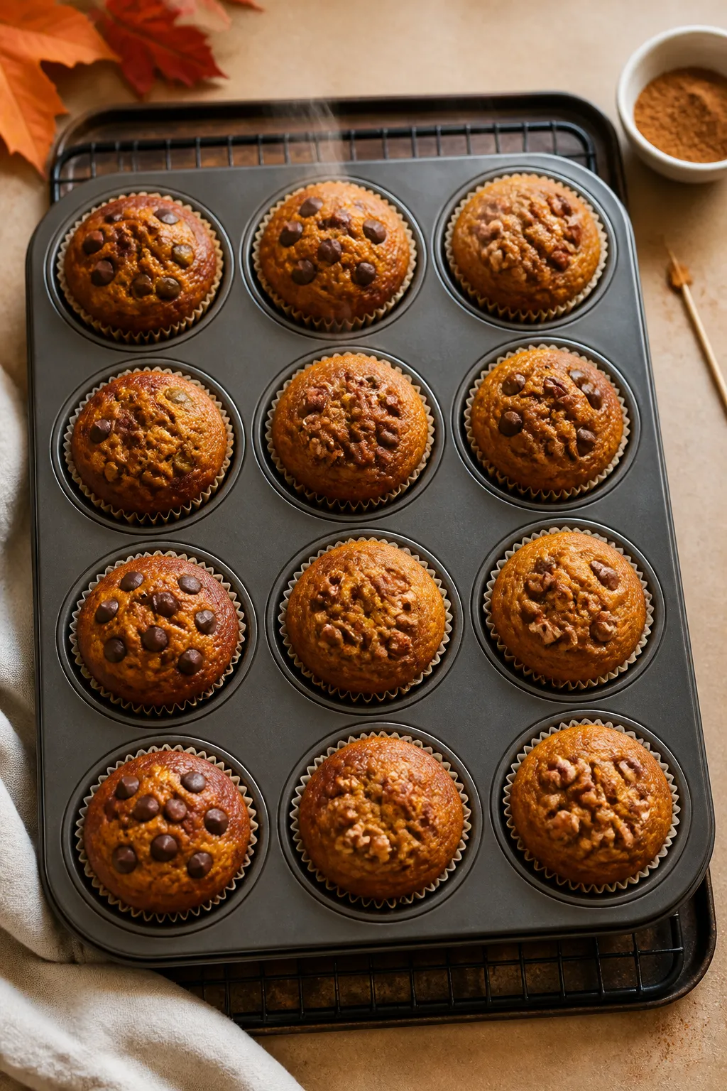 Overhead shot of freshly baked flourless pumpkin muffins cooling in a 12-cup muffin tin on a wire ra