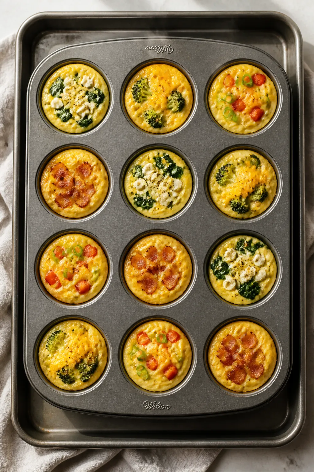 Overhead shot of freshly baked protein egg bites with cottage cheese in a greased 12-cup muffin tin