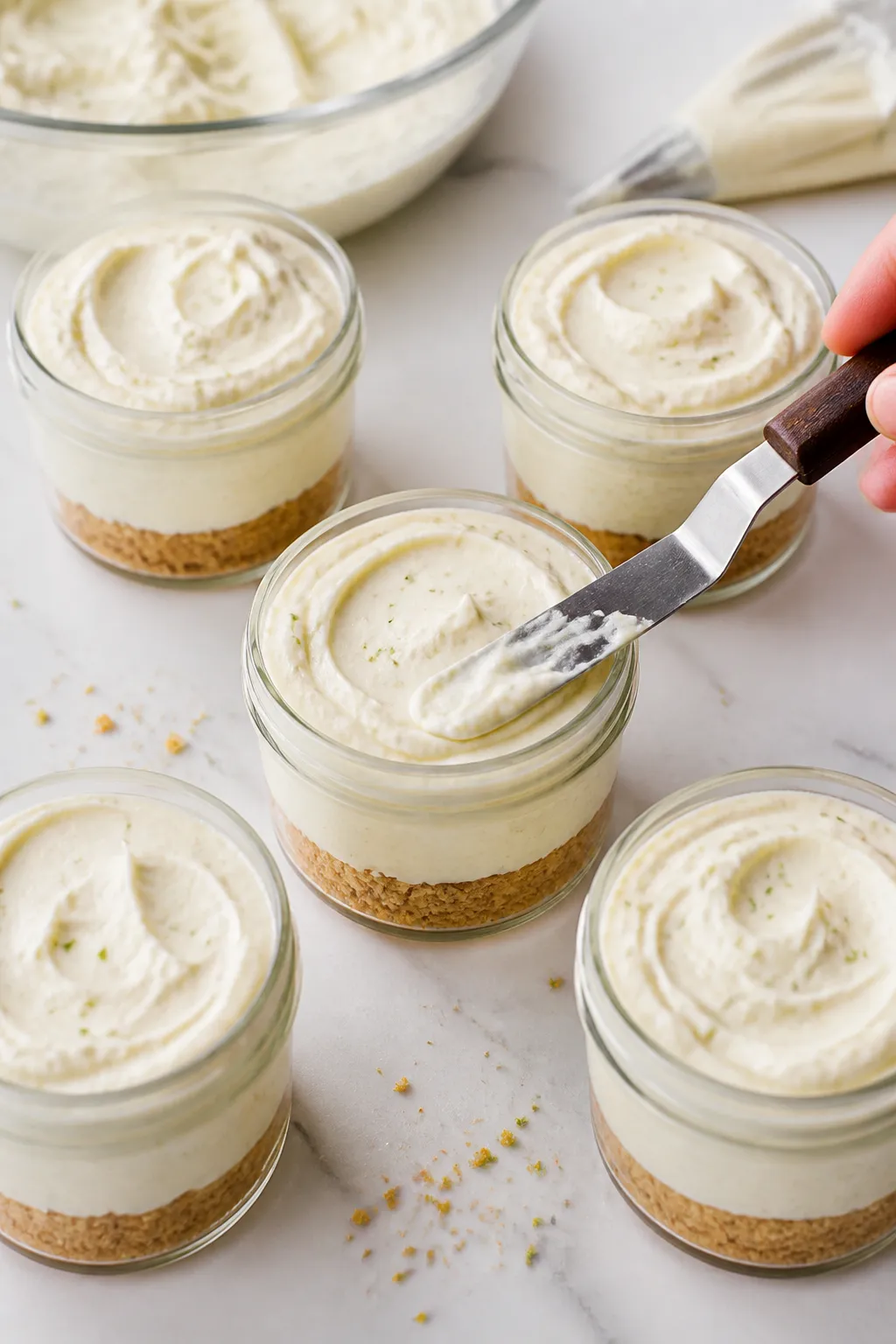 Overhead shot of no-bake key lime cheesecake cups just filled and smoothed, process stage before chi