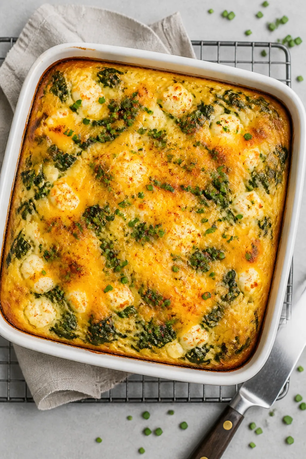 Overhead shot of the baked Spinach Cottage Cheese Egg Bake just out of the oven in a 9x9 ceramic dis