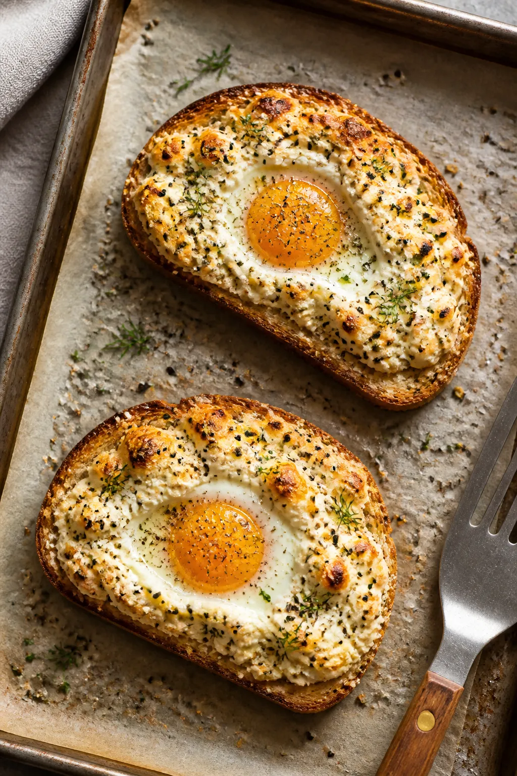 Overhead shot of two cottage cheese egg toasts just out of the oven on a parchment-lined sheet pan,