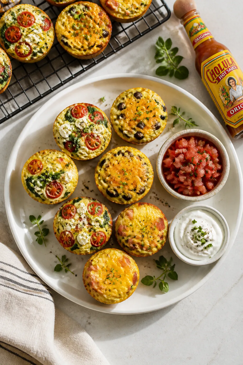 Tasty top-down final presentation: overhead shot of assorted egg cups plated for meal prep and servi