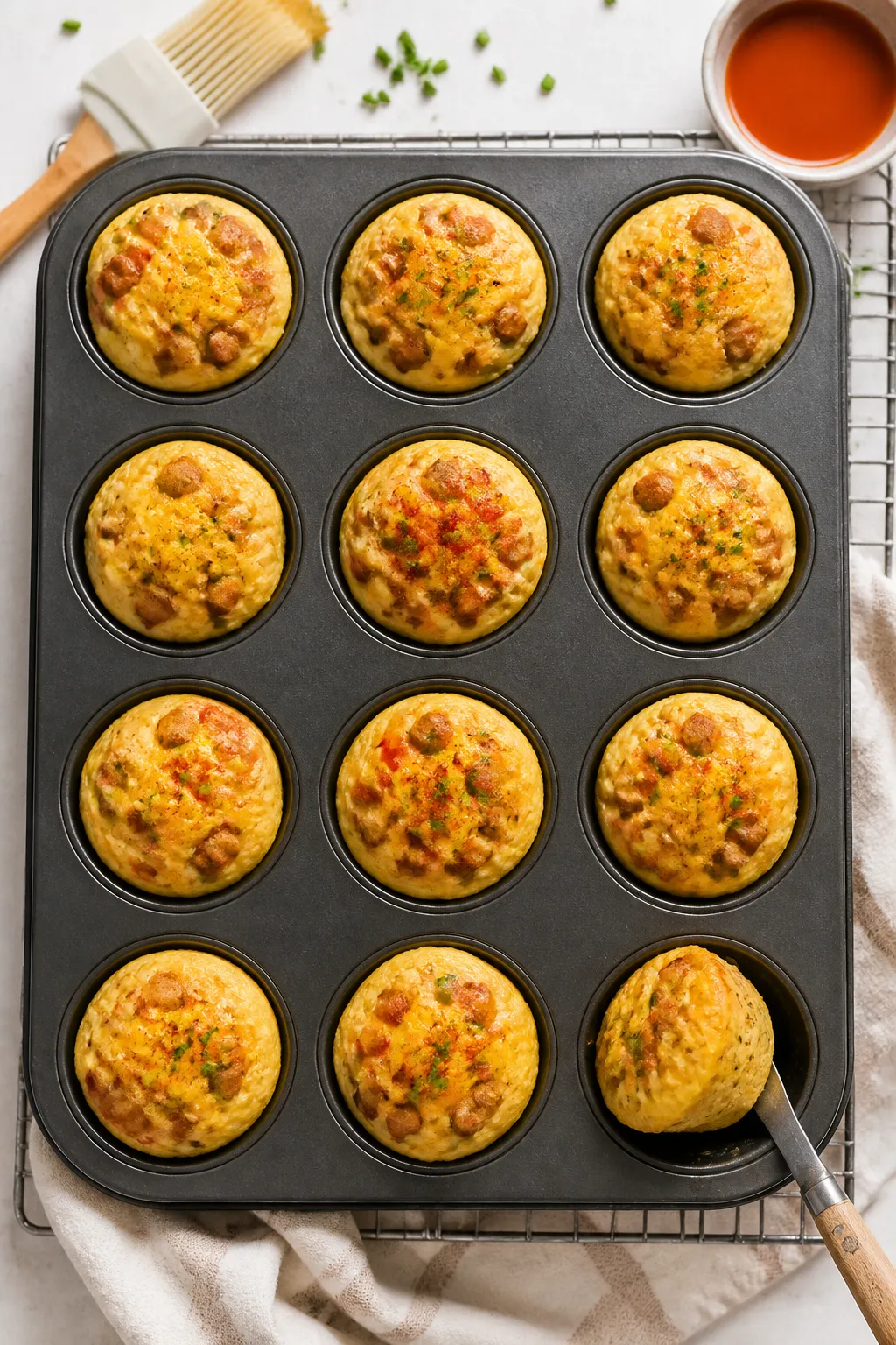 Tasty top-view process shot: Overhead of a 12-cup muffin tin on a cooling rack, each cup filled with